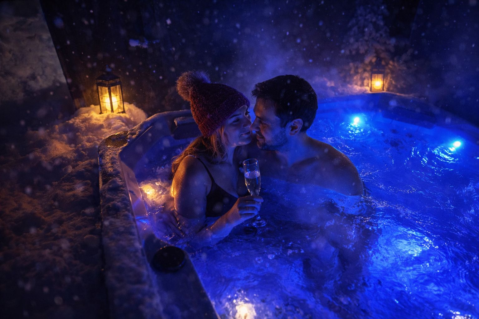 Private outdoor hot tub at a glass igloo in Lapland on a snowy night