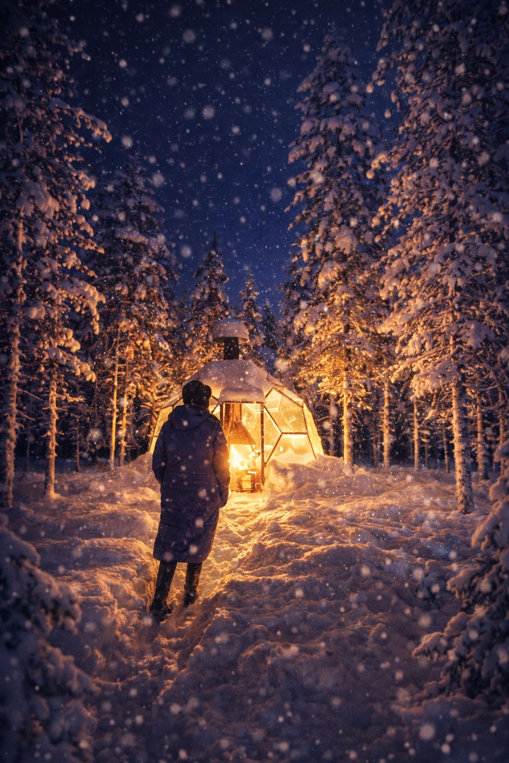 Evening walk to a fire hut through snowy spruces in Lapland