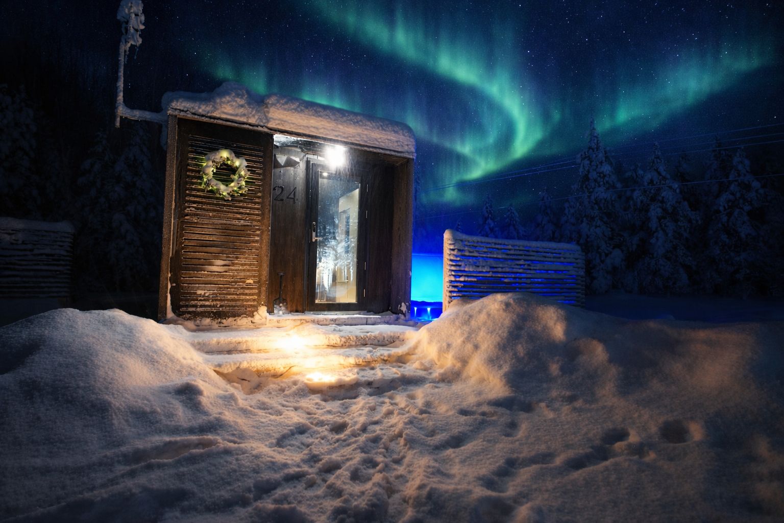 Glass igloo entrance under the aurora borealis near Levi