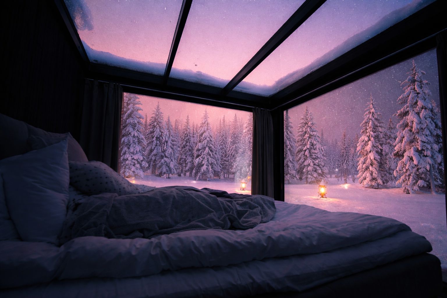 Glass igloo bedroom in Finland with pink winter sky