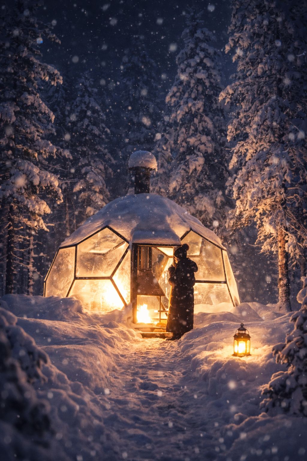 Glowing fire hut in the snowy forest of Finnish Lapland