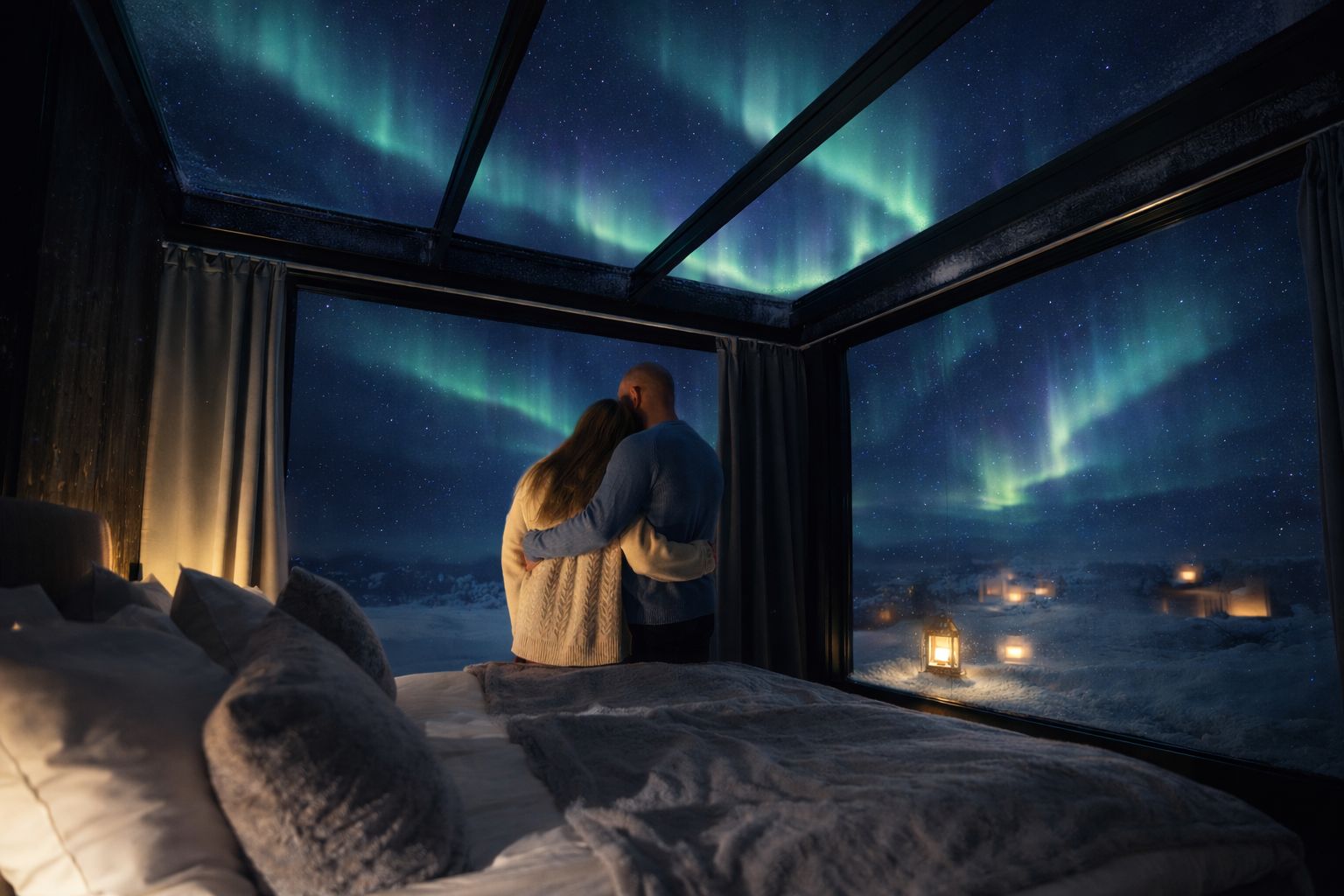 Couple watching the Northern Lights from bed in a glass igloo in Lapland